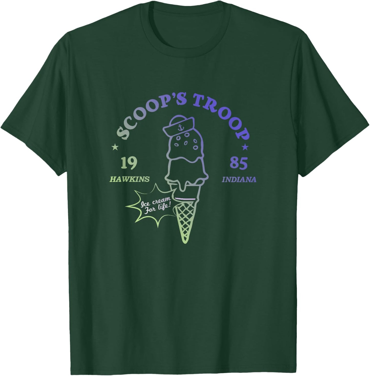 Stranger Things Vintage Gradient Scoop's Troop 1985 Badge T-Shirt - T-Shirt | Forest