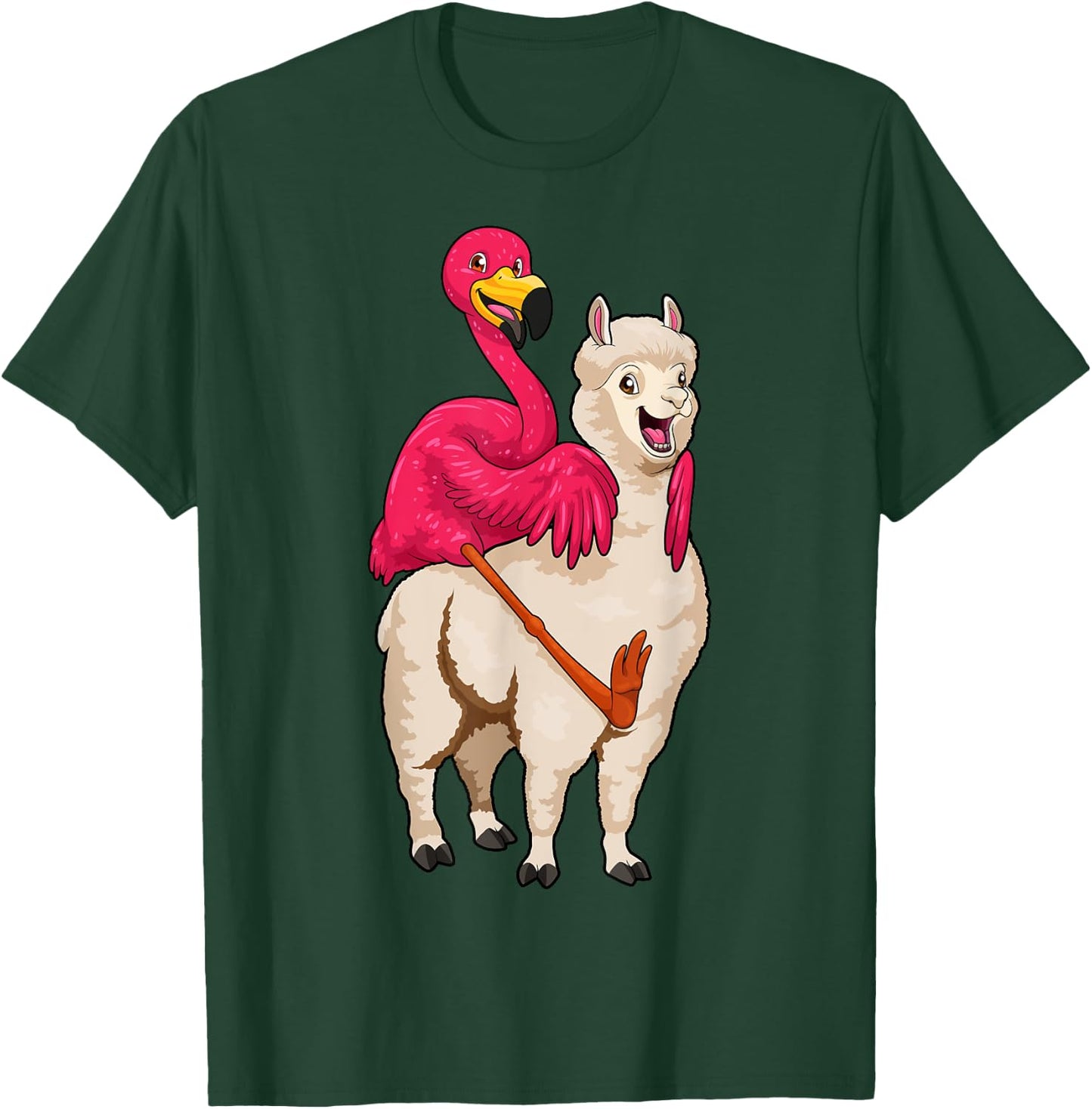 Flamingo Riding Llama Funny Flock Bird Llama Farmer Pun T-Shirt - T-Shirt | Forest