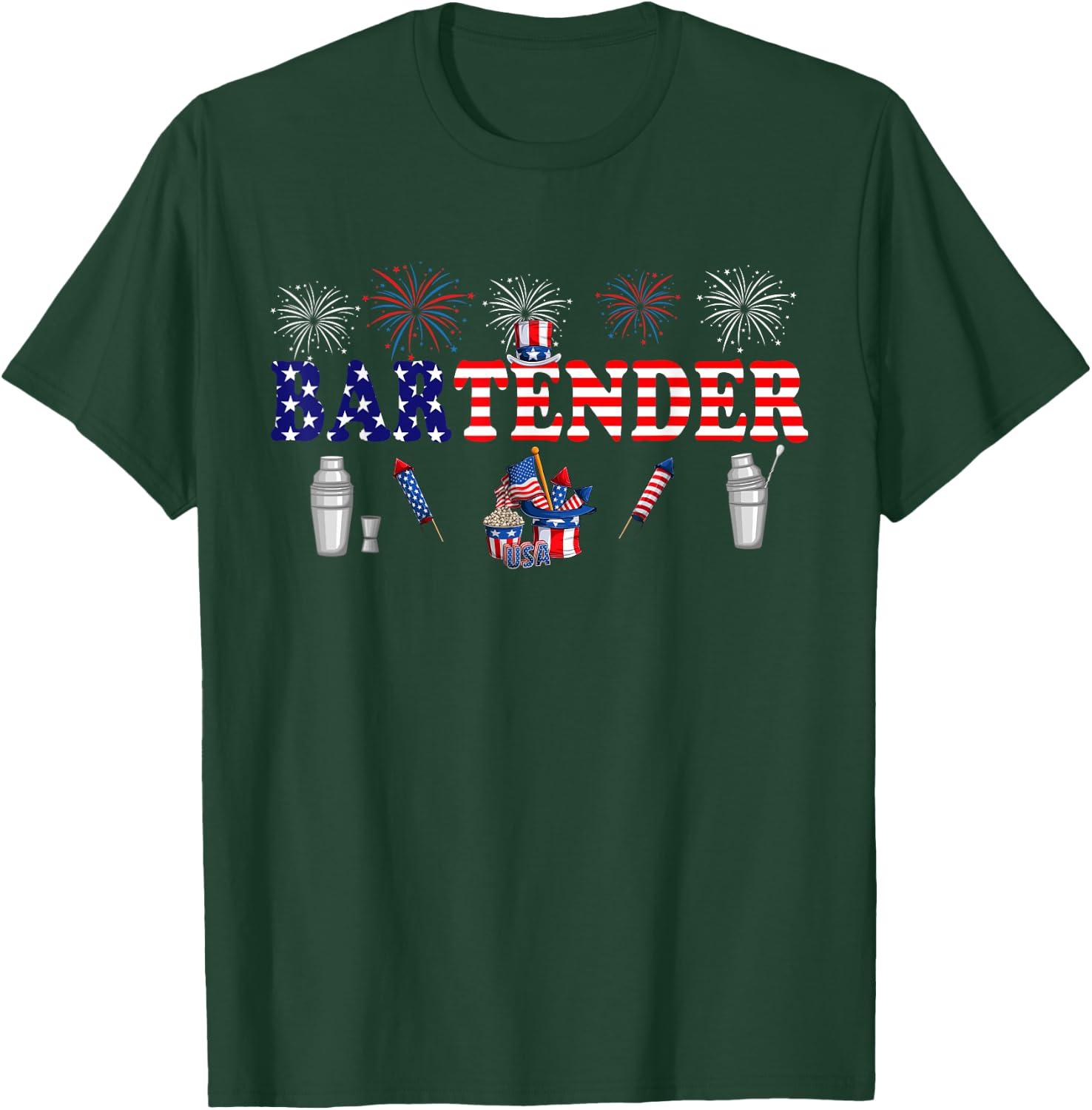 Bartender Costume Proud 4th Of July American Flag Fireworks T-Shirt - T-Shirt | Forest