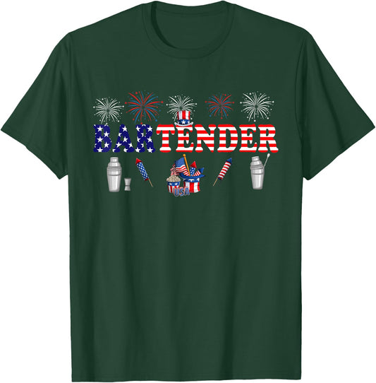 Bartender Costume Proud 4th Of July American Flag Fireworks T-Shirt - T-Shirt | Forest