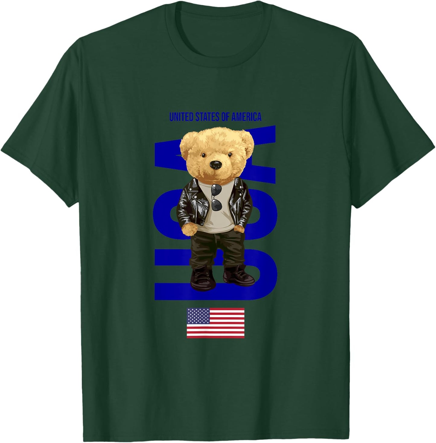 Cool Teddy Bear in USA American Style Illustration Graphic T-Shirt - T-Shirt | Forest