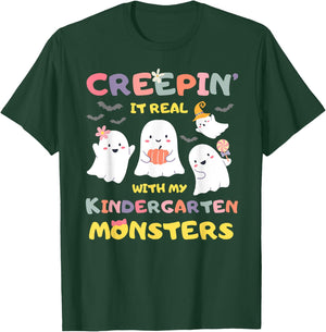 Creepin It Real With Kindergarten Monsters Halloween Teacher T-Shirt - T-Shirt | Forest