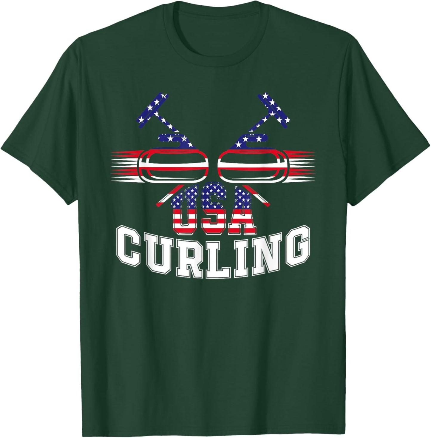 American Flag USA Team Curling Rock Winter Sports Lovers T-Shirt - T-Shirt | Forest