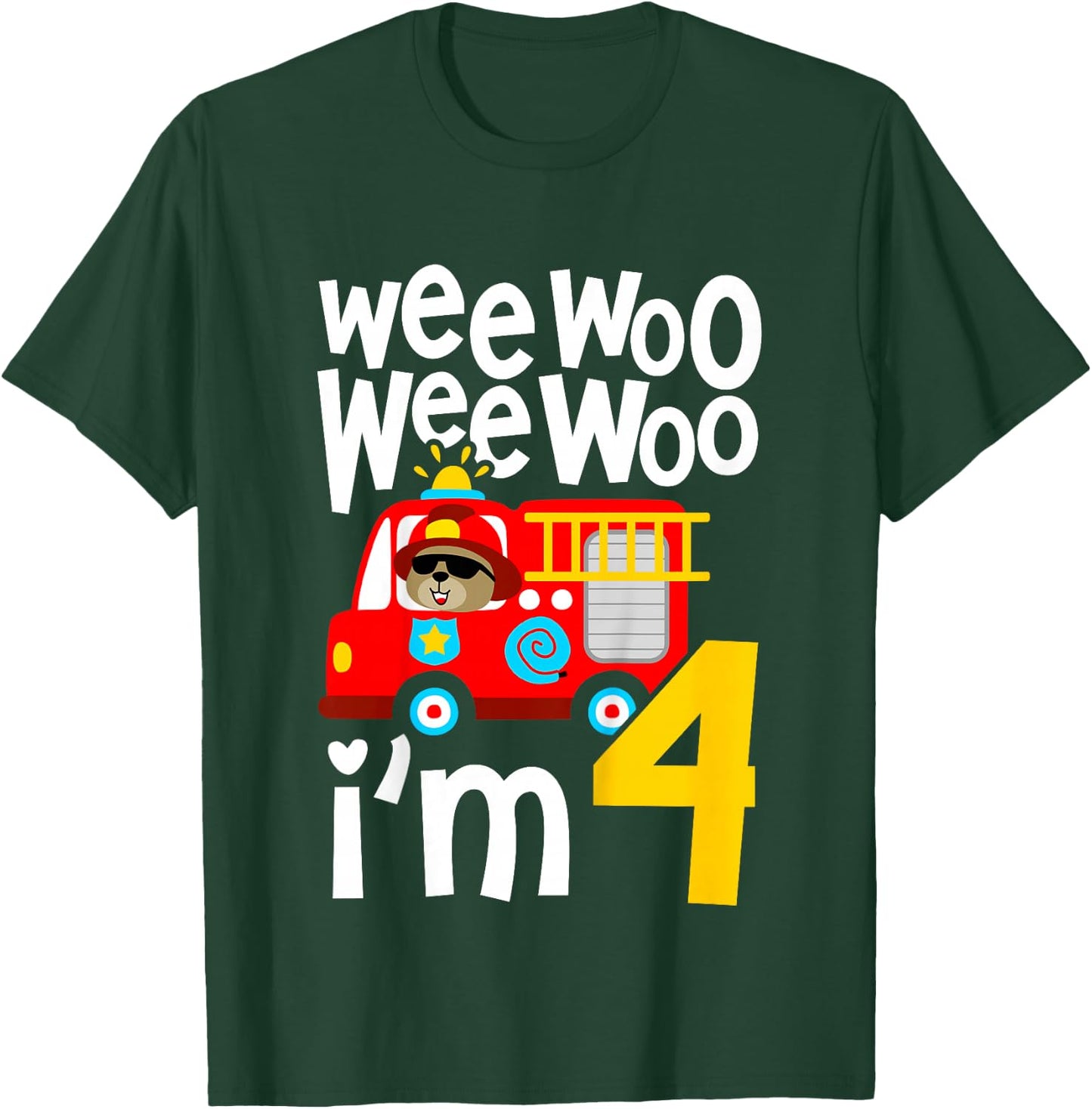 Kids Boys Birthday Wee Woo Wee Woo I'm 4 Red Fire Truck T-Shirt - T-Shirt | Forest