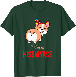 Merry Kissmyass Funny Christmas Reindeer Corgi Dog Lover T-Shirt - T-Shirt | Forest
