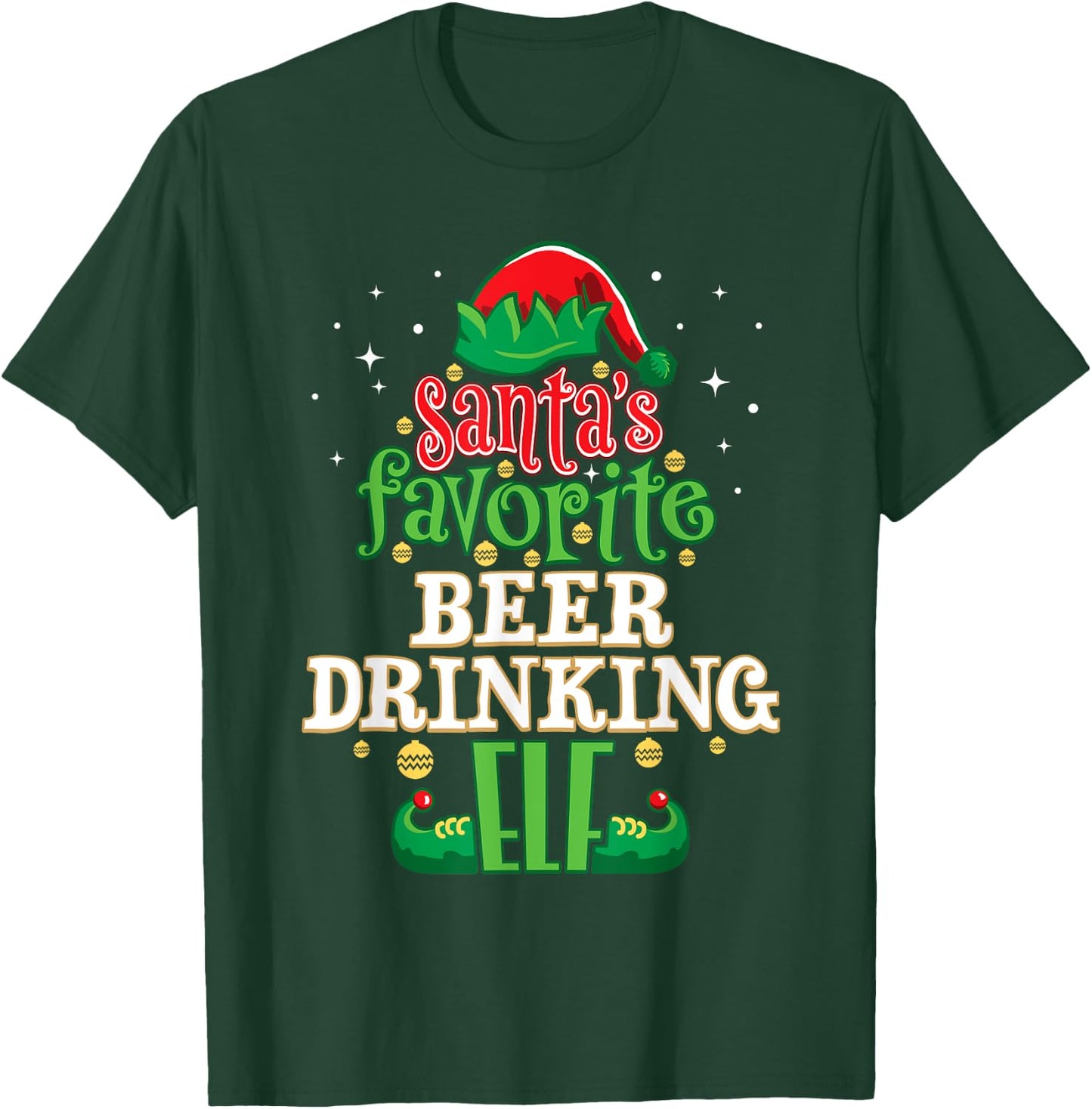 Santa's Favorite Beer Drinking Elf Christmas Matching T-Shirt - T-Shirt | Forest