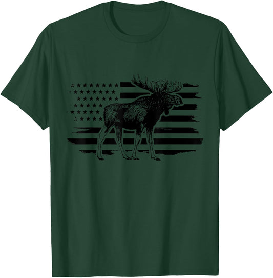 Moose American Flag Vintage Patriotic Hiking T-Shirt - T-Shirt | Forest