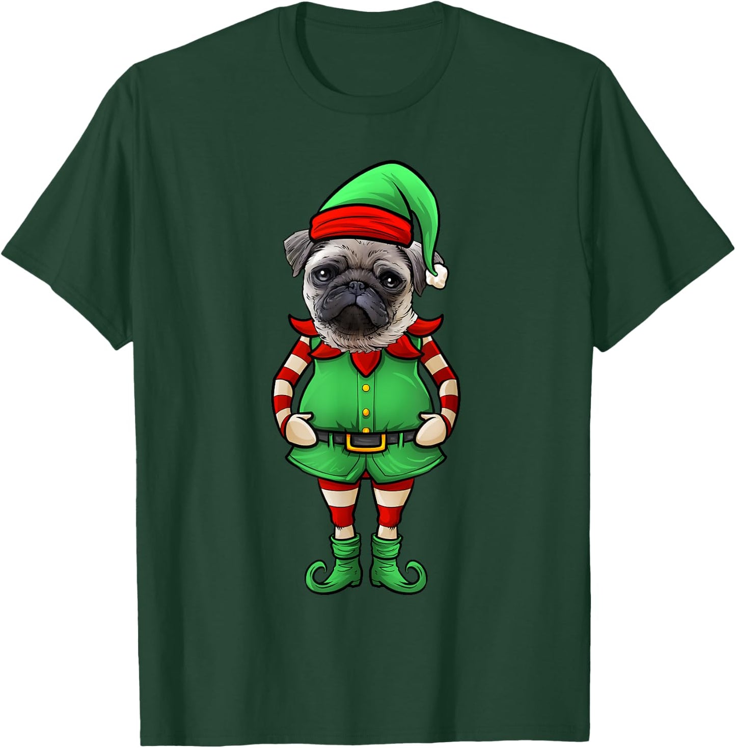 Funny Christmas Elf Pug Dog T-Shirt - T-Shirt | Forest