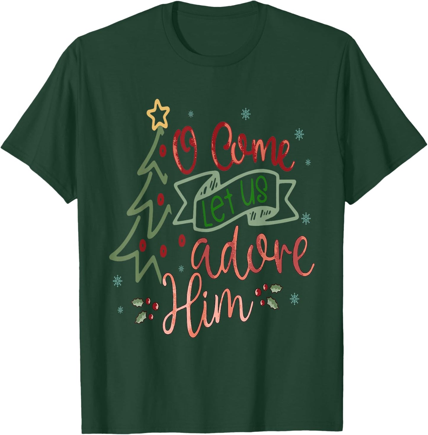O Come Let Us Adore Him, Retro Christian Jesus Christmas T-Shirt - T-Shirt | Forest