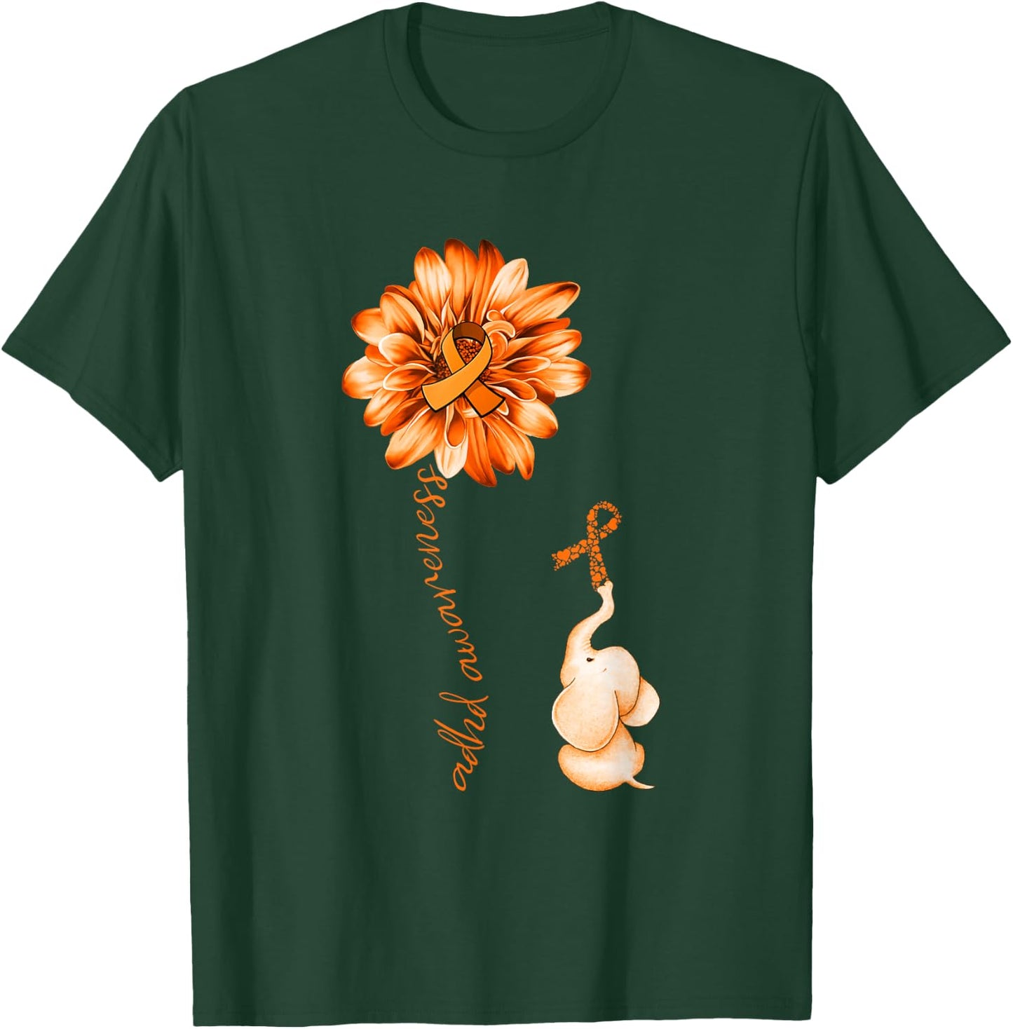 Elephant Sunflower Orange Ribbon ADHD Awareness T-Shirt - T-Shirt | Forest