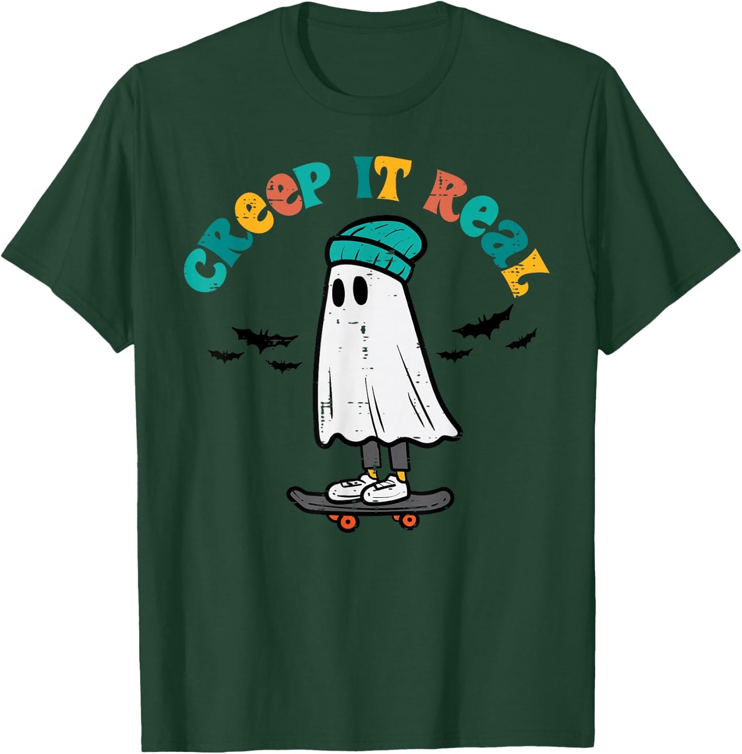 Ghost Skateboard Creep It Real Retro Halloween Skater Boys T-Shirt - T-Shirt | Forest