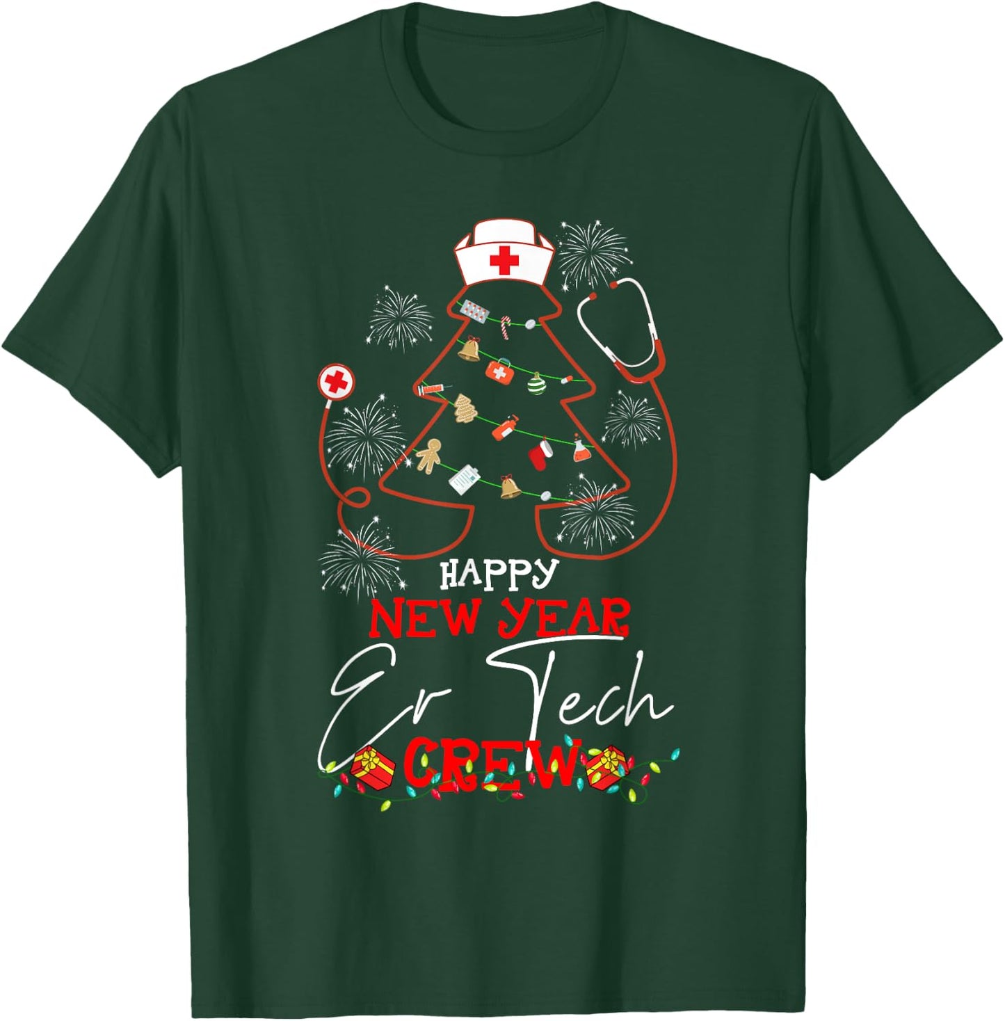 Happy New Year ER Tech Crew Reindeer Nurse Christmas T-Shirt - T-Shirt | Forest