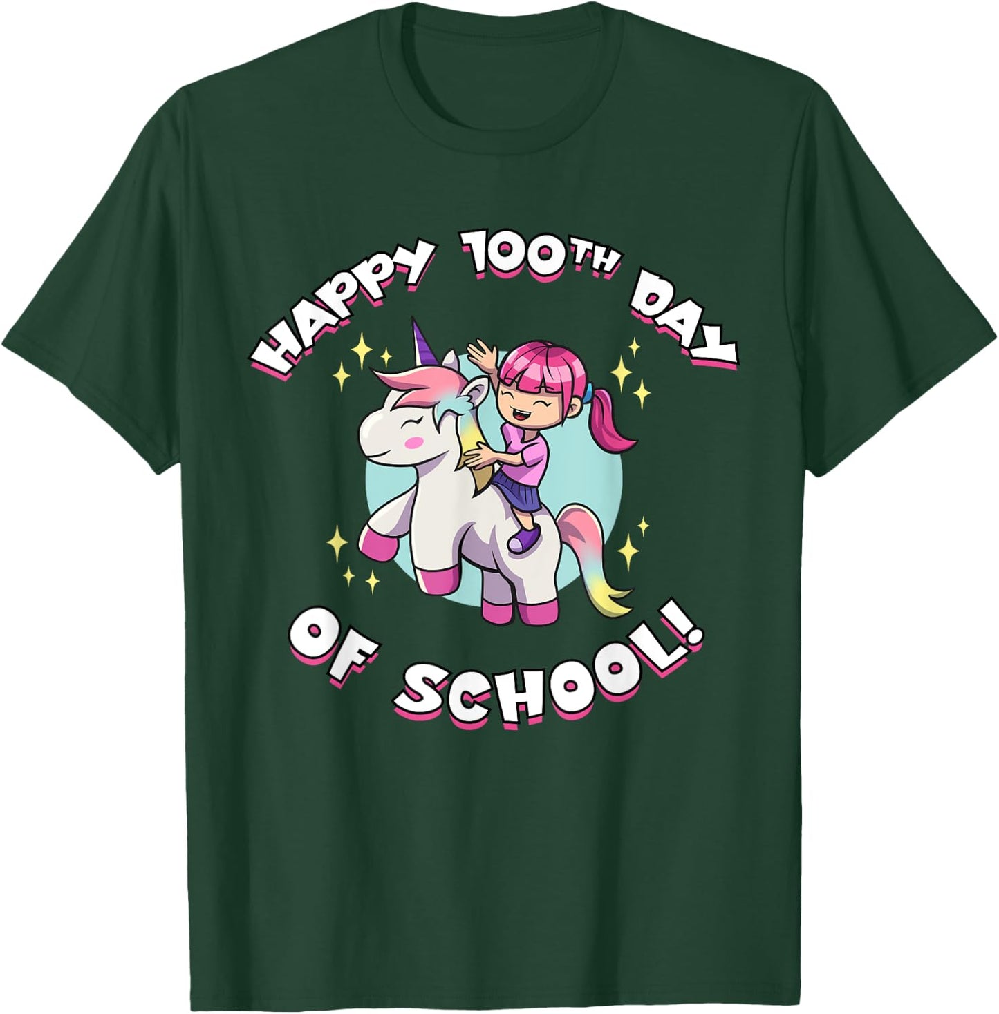 Happy 100th Day of School Girl Riding Unicorn T-Shirt - T-Shirt | Forest