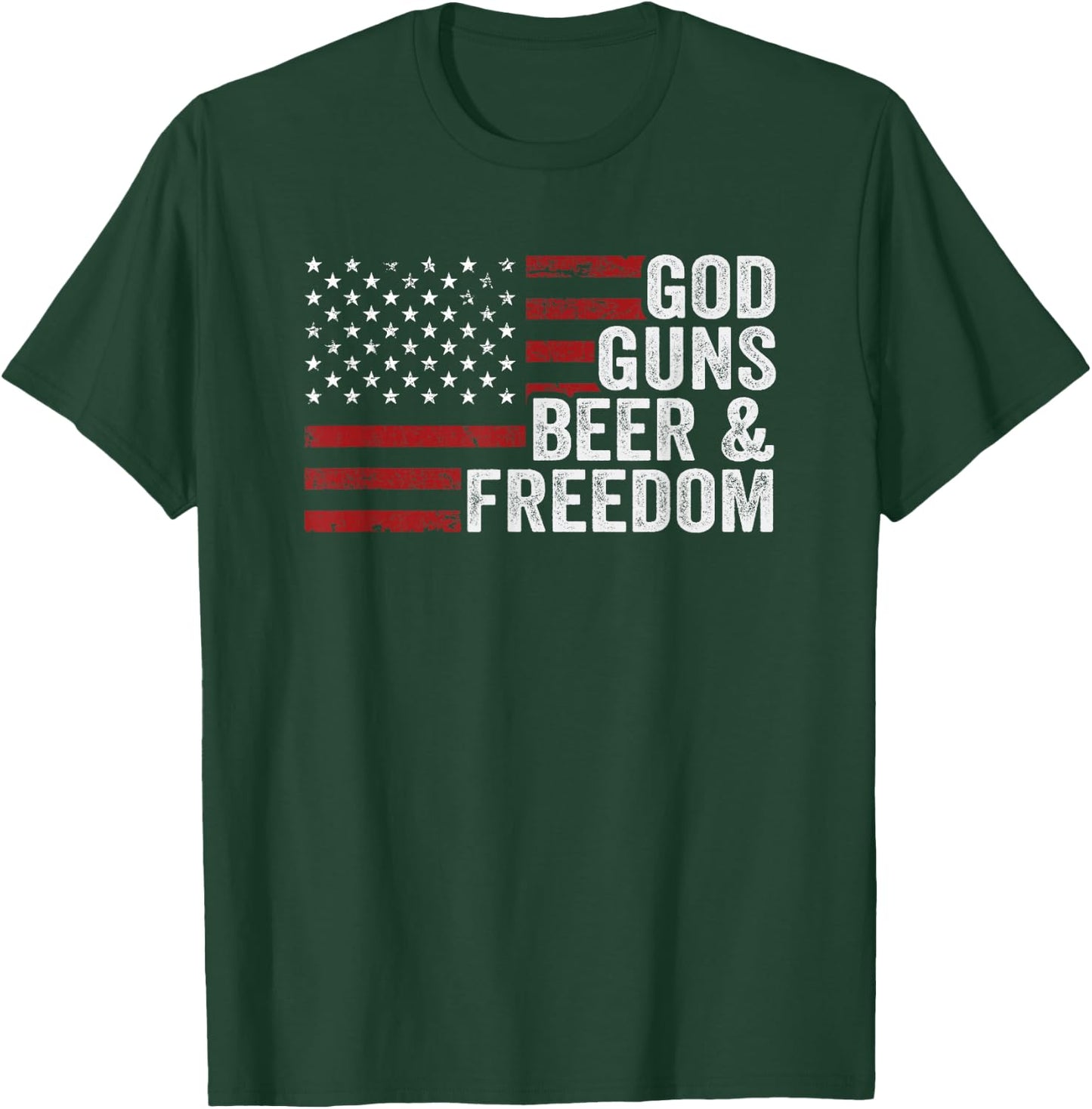 GOD GUNS BEER & FREEDOM - Funny Drinking Gun USA Flag T-Shirt - T-Shirt | Forest