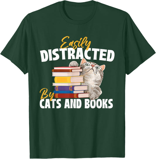 Easily Distracted By Cats And Books - Bookworm Pet Lover T-Shirt - T-Shirt | Forest