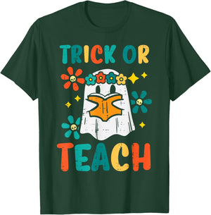 Ghost Books Trick Or Teach Retro Groovy Halloween Teacher T-Shirt - T-Shirt | Forest