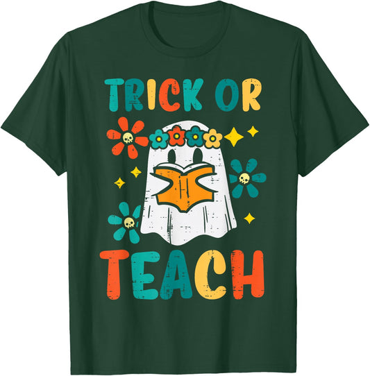 Ghost Books Trick Or Teach Retro Groovy Halloween Teacher T-Shirt - T-Shirt | Forest