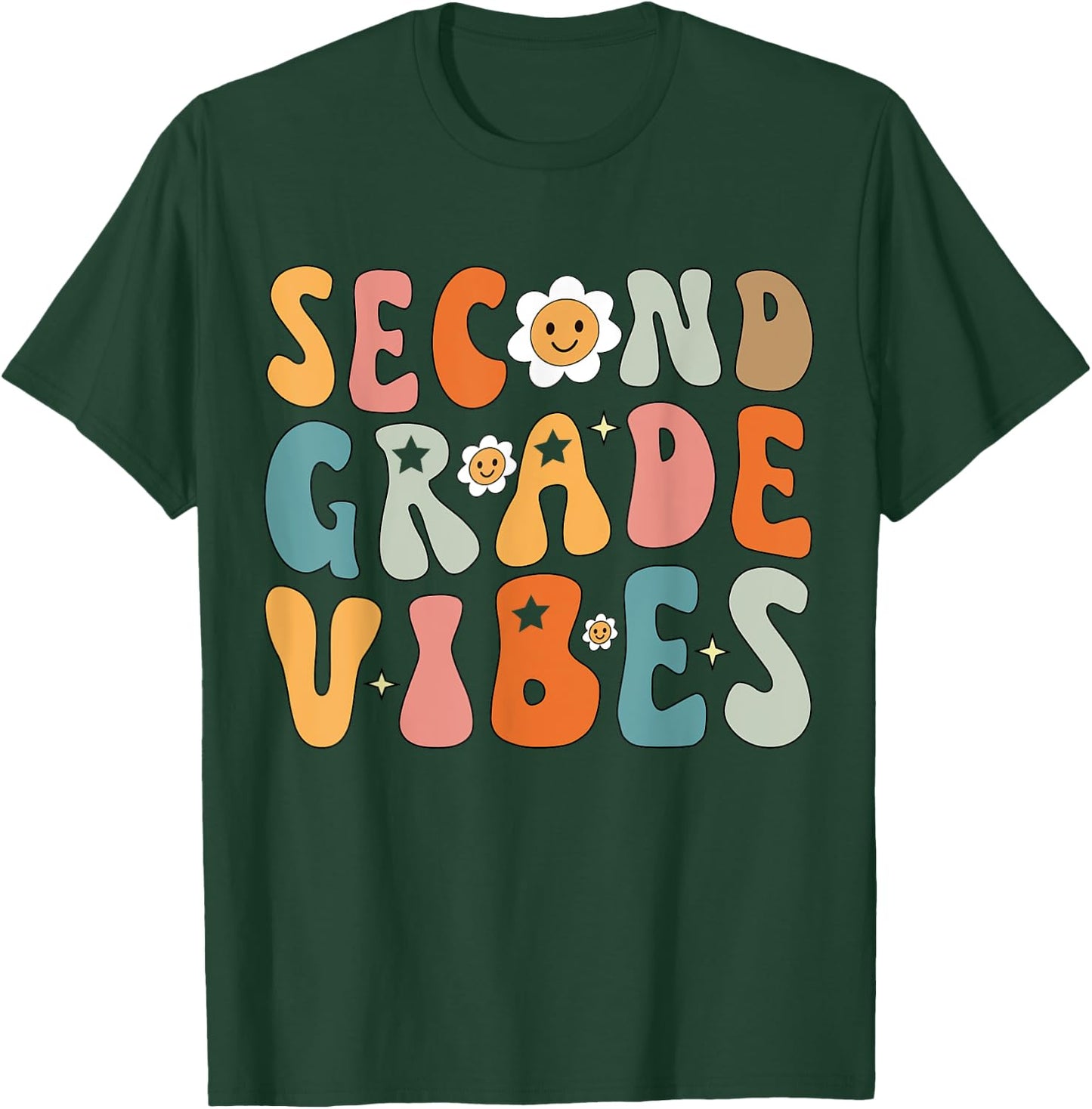 Second Grade Vibes, 2nd Grade Team Retro 1st Day of School T-Shirt - T-Shirt | Forest