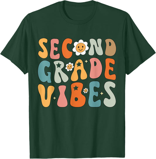 Second Grade Vibes, 2nd Grade Team Retro 1st Day of School T-Shirt - T-Shirt | Forest