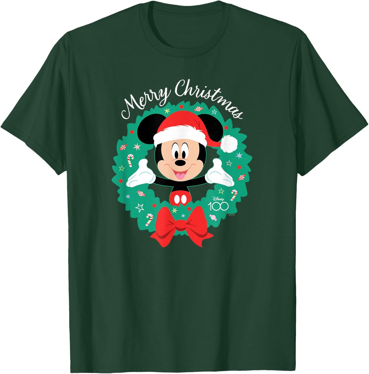 Disney 100 Mickey Mouse Merry Christmas Wreath Holiday D100 T-Shirt - T-Shirt | Forest
