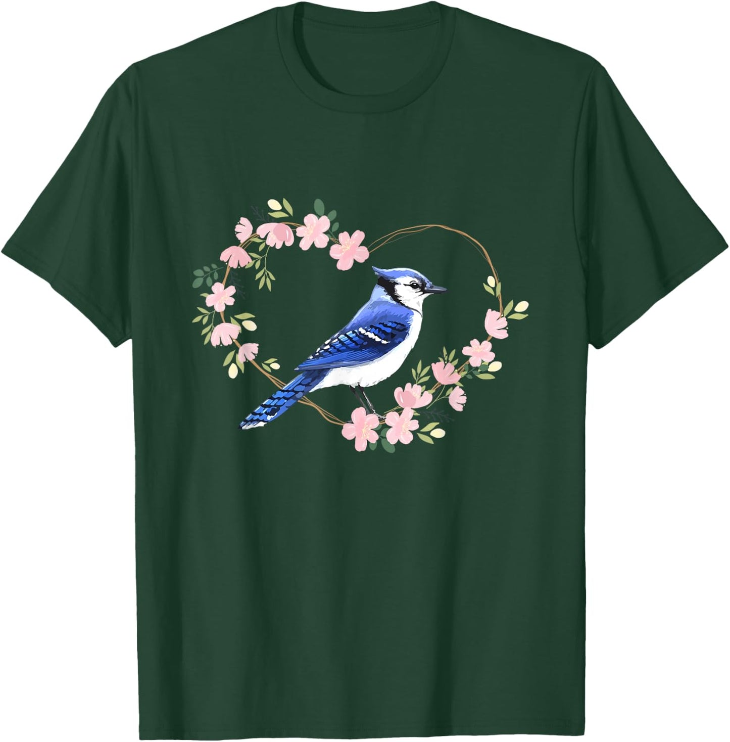 Blue Jay Bird Lover Watching Bidwatcher Birder Flower Heart T-Shirt - T-Shirt | Forest