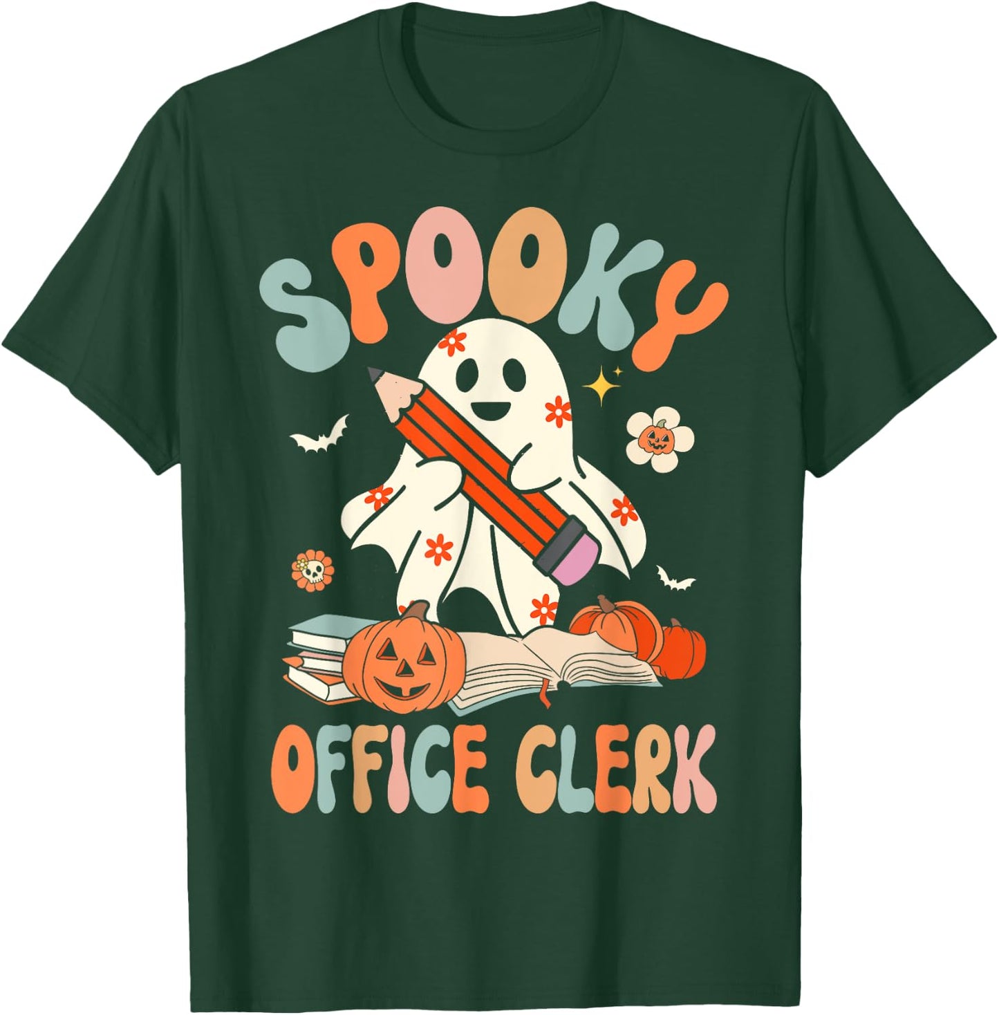 Groovy Halloween Spooky Office Clerk Retro Floral Ghost T-Shirt - T-Shirt | Forest