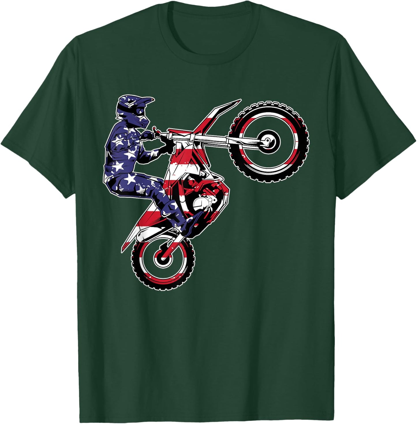 Funny Dirt Bike Art Men Women Motorcycle Dirtbike US Flag T-Shirt - T-Shirt | Forest
