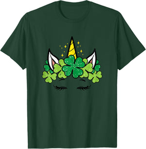 St Patricks Day Unicorn Face Shamrock Pattys Toddler Girls T-Shirt - T-Shirt | Forest