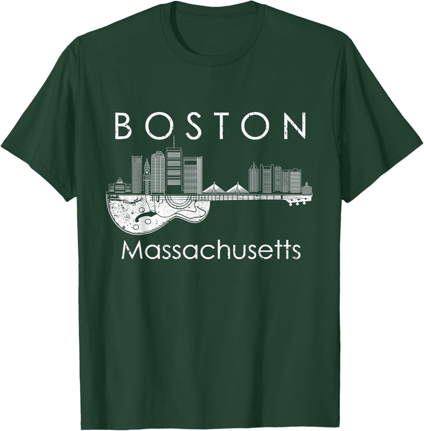 Boston Souvenir Men Massachusetts Skyline Music Guitar T-Shirt - T-Shirt | Forest