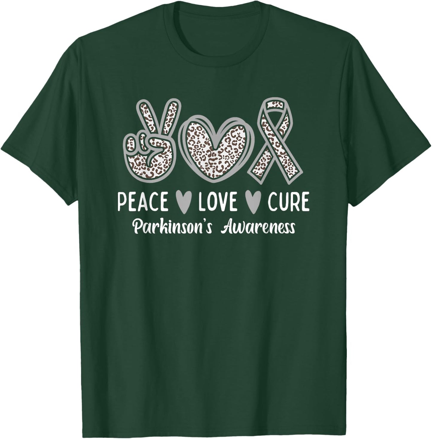 Peace Love Cure Gray Ribbon Leopard Parkinson's Awareness T-Shirt - T-Shirt | Forest