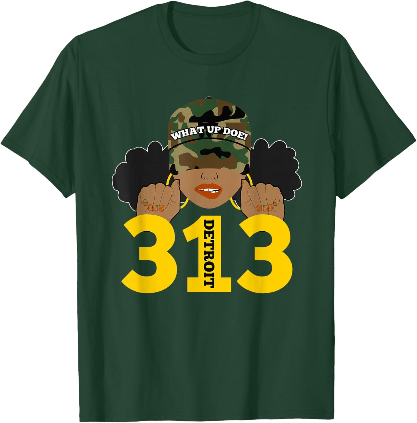 What Up Doe 313 Detroit Black Woman Camo Afro Puffs T-Shirt - T-Shirt | Forest
