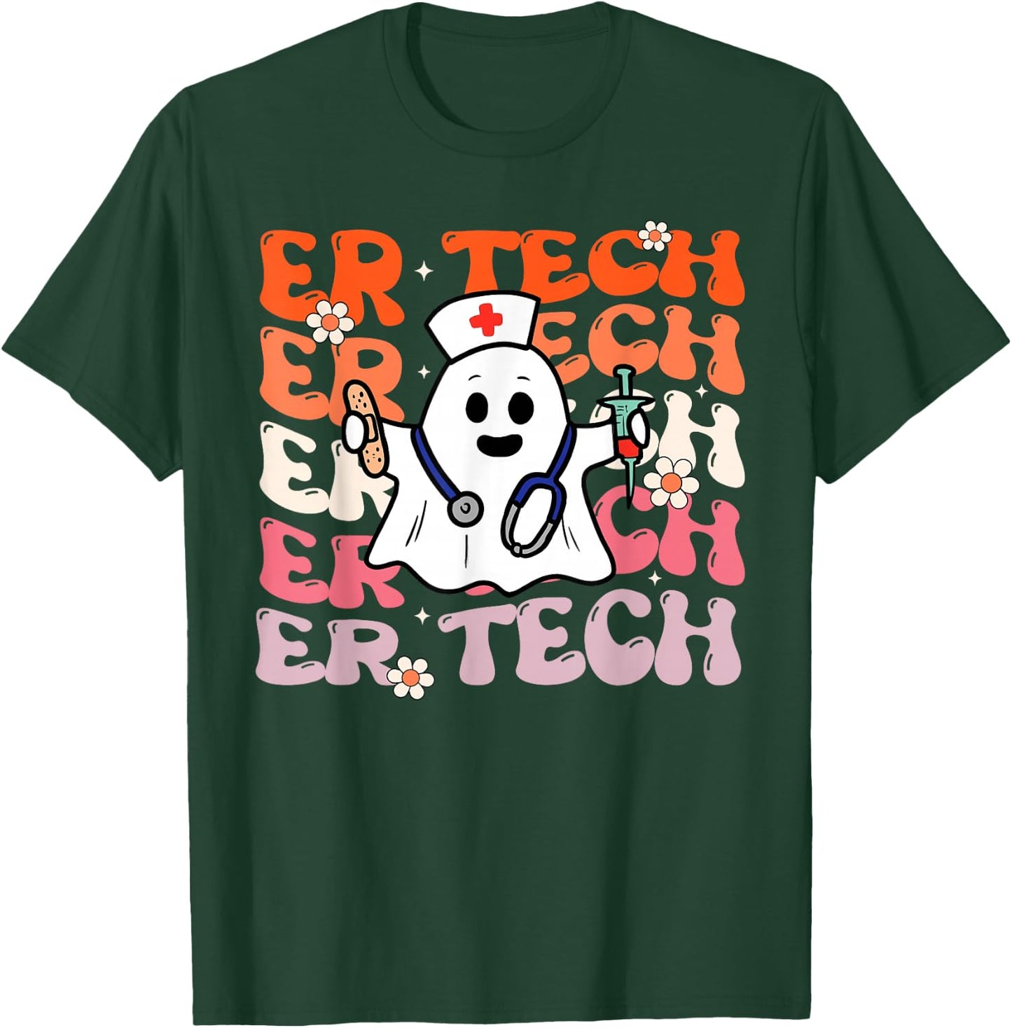 ER Tech Groovy Funny Halloween Ghost Nursing Spooky Costume T-Shirt - T-Shirt | Forest