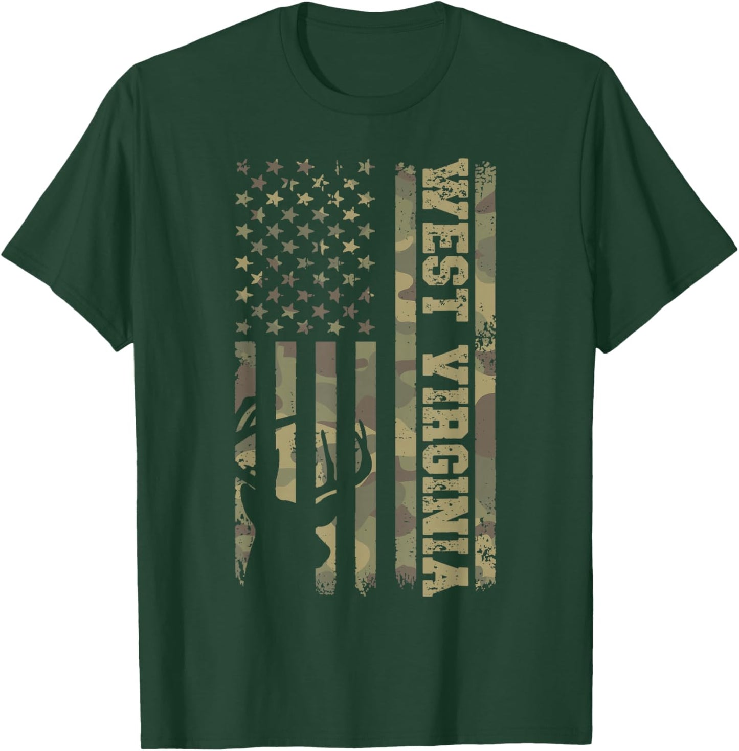 West Virginia Deer Hunter Vintage Deer Hunting Camo USA Flag T-Shirt - T-Shirt | Forest