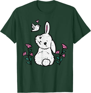 Bunny Bird Flowers Easter Spring Rabbit Women Girls Kids T-Shirt - T-Shirt | Forest
