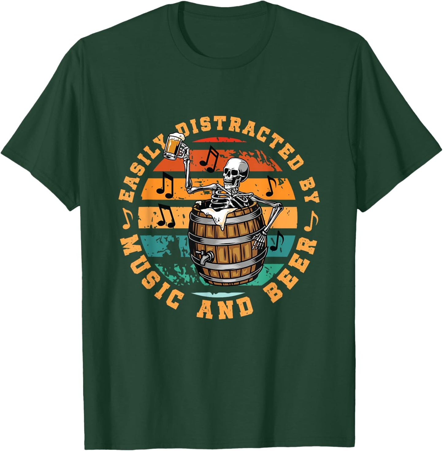 Easily Distracted By Music And Beer | Skeleton In A Barrel T-Shirt - T-Shirt | Forest