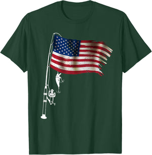 American Flag Fishing-Shirt 4th July Men Boy Patriotic Dad T-Shirt - T-Shirt | Forest