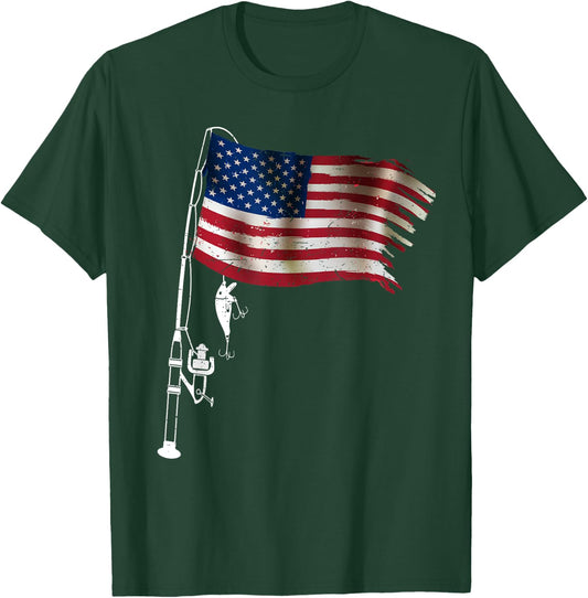 American Flag Fishing-Shirt 4th July Men Boy Patriotic Dad T-Shirt - T-Shirt | Forest