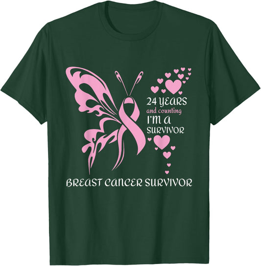 Butterfly 24 Years And Counting I'm A Breast Cancer Survivor T-Shirt - T-Shirt | Forest