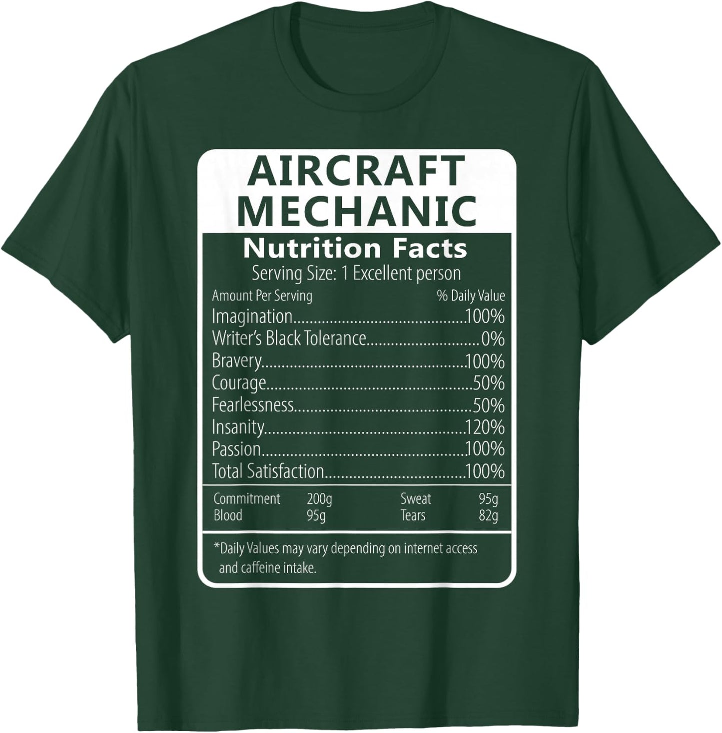 Aircraft Mechanic Nutrition Facts Sarcastic T-Shirt - T-Shirt | Forest