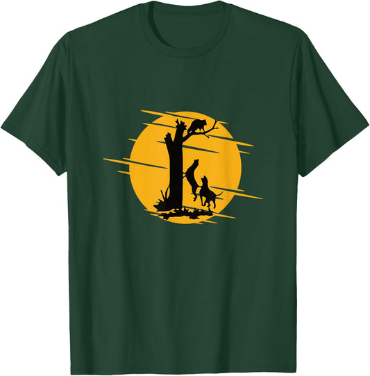Coonhound Lovers Apparel & Gifts -Adults, -Kids Black Cotton Short Sleeve Classic Fit - Dog Treeing A Raccoon Howling - Fun Coon Hunting T-Shirt - T-Shirt | Forest