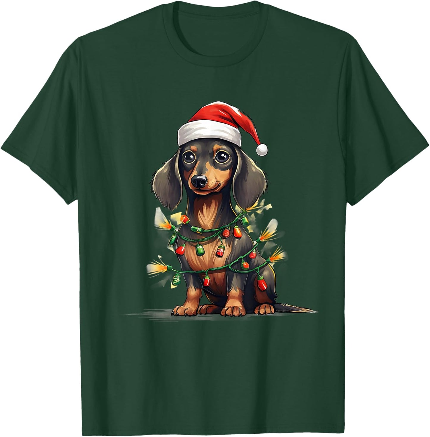 Merry Christmas Dachshund Santa Hat Lights Xmas Men Women T-Shirt - T-Shirt | Forest
