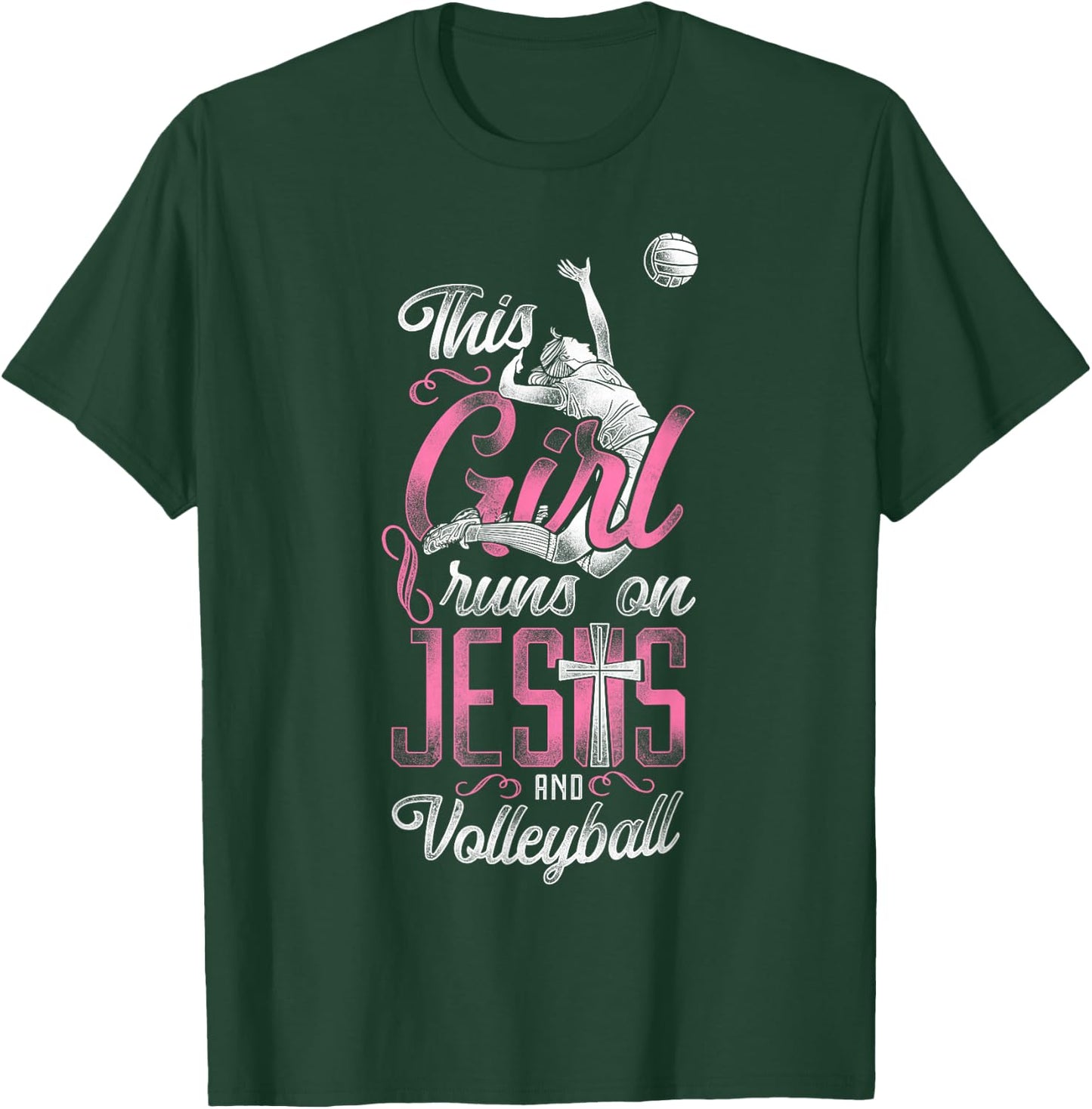 Volleyball Player Team Vintage This Girl Runs On Jesus And T-Shirt - T-Shirt | Forest