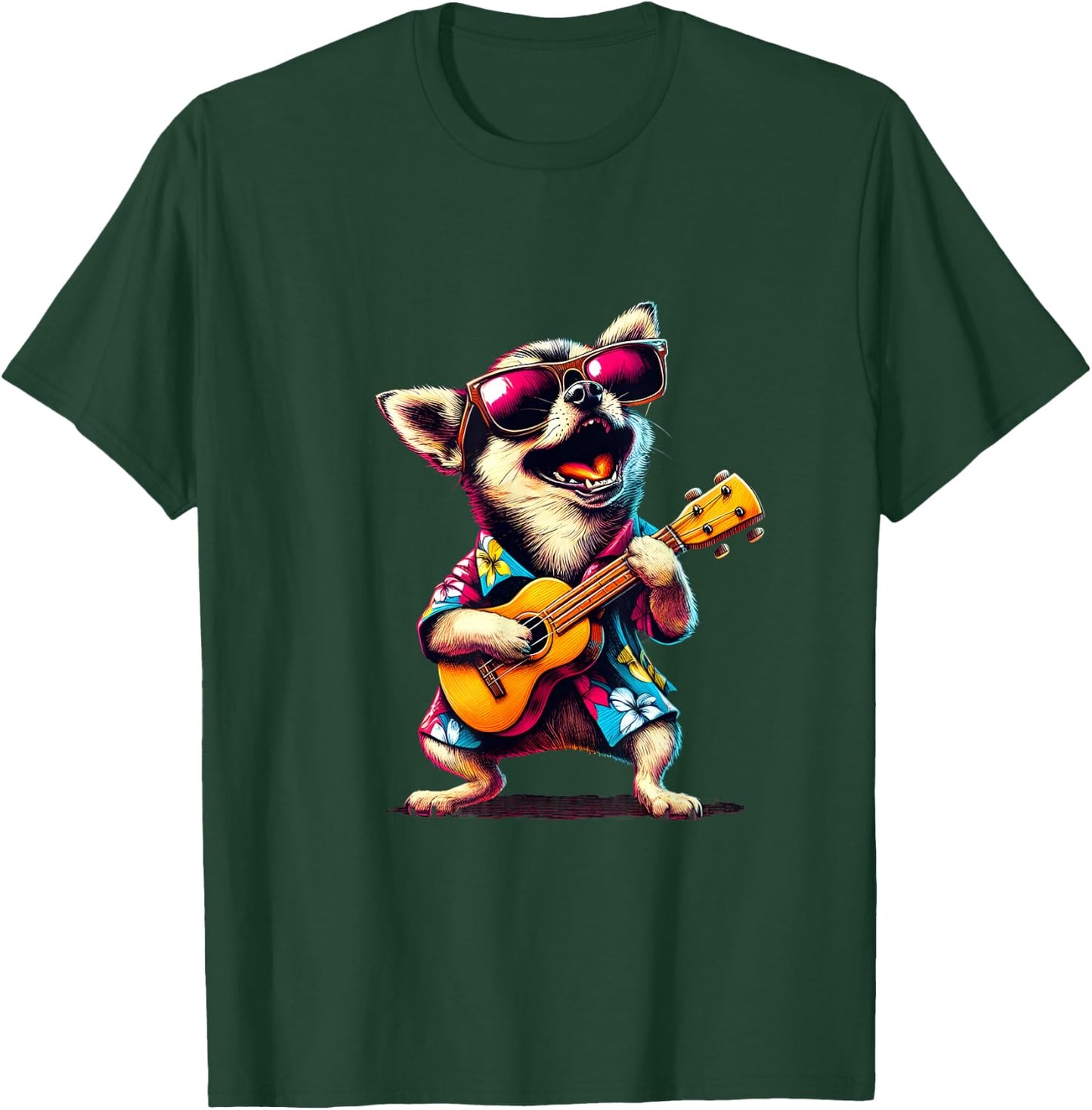 Chihuahua Wearing a Hawaiian Shirt, Playing a Ukulele T-Shirt - T-Shirt | Forest