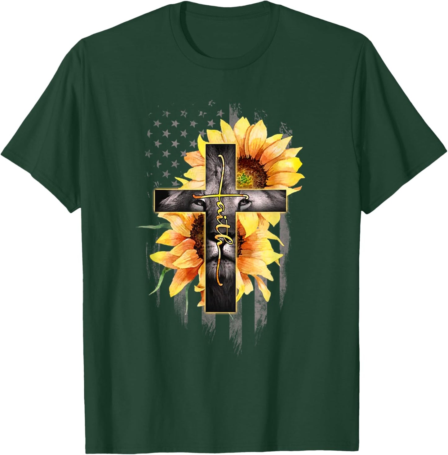 Faith Cross Christian Lion Sunflower American Flag T-Shirt - T-Shirt | Forest