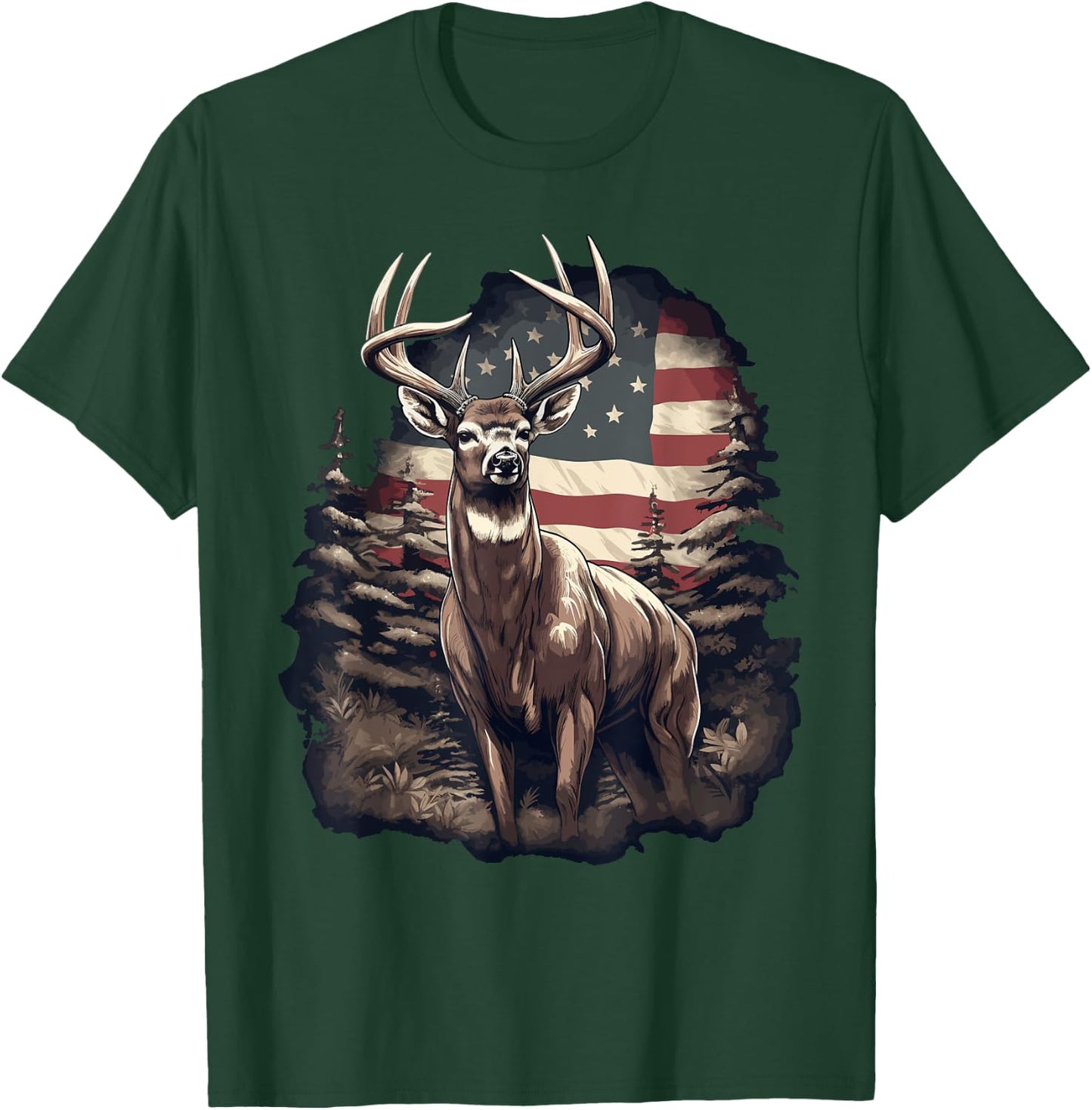 Whitetail Buck Deer Hunting US Flag Patriotic Hunter T-Shirt - T-Shirt | Forest