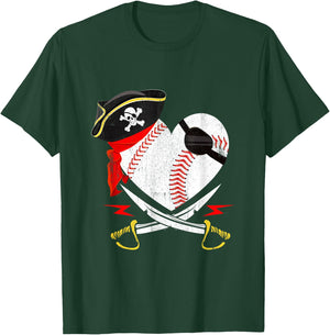 The Vintage Pirate Baseball Softball Heart With Skull Hat T-Shirt - T-Shirt | Forest
