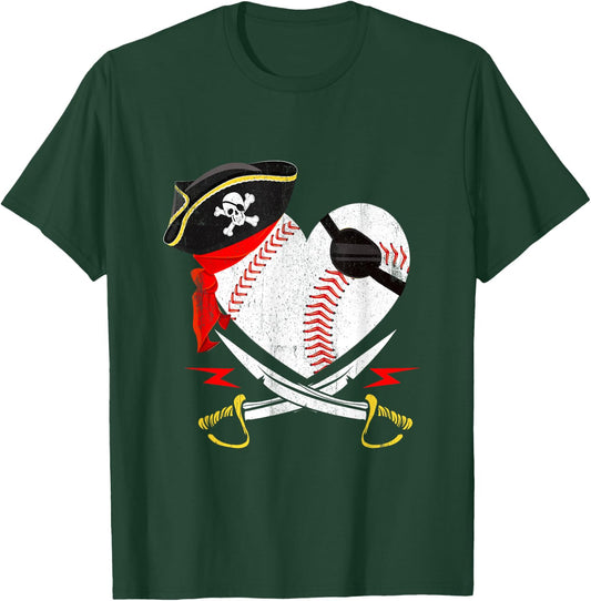 The Vintage Pirate Baseball Softball Heart With Skull Hat T-Shirt - T-Shirt | Forest