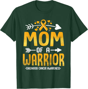 Mom Of A Warrior Childhood Cancer Awareness Gold Ribbon T-Shirt - T-Shirt | Forest