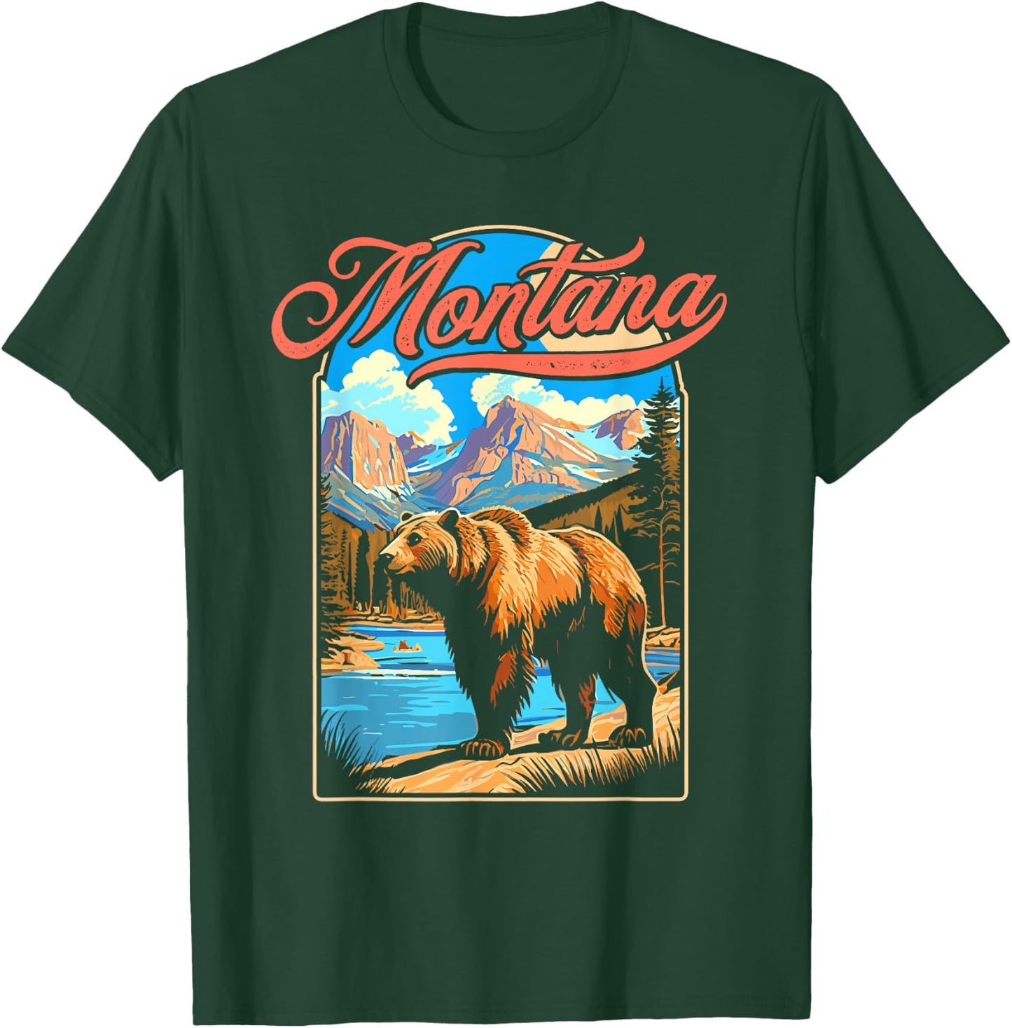 Grizzly Bear & Montana Mountains Vintage 70s Vibe Graphic T-Shirt - T-Shirt | Forest