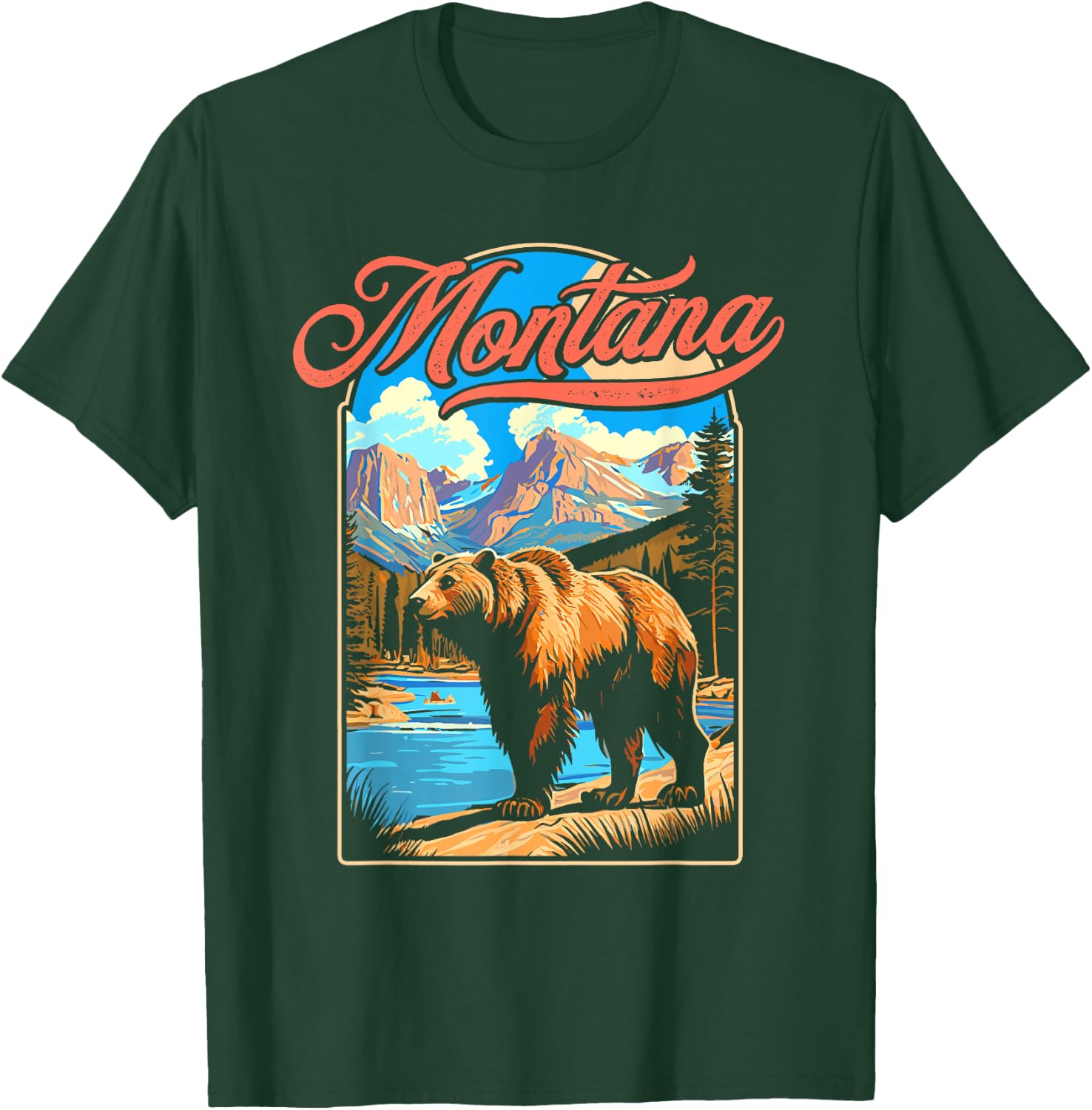 Grizzly Bear & Montana Mountains Vintage 70s Vibe Graphic T-Shirt - T-Shirt | Forest